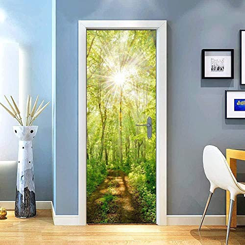 SDSONIU 3D Kreative Türaufkleber Sonnenschein Grün Wald Bäume Straße 88X200Cm Türtapete Selbstklebend Türposter - Fototapete 3D Effekt Türfolie Poster Tapete Wandtattoo DIY Selbstklebende Wandbild Pv