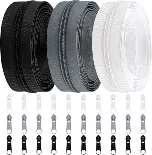 DOITEM #5 Nylon Coil Zippers by The Yard Bulk 10 Yards 9 Meters with 20pcs Zipper Sliders for DIY Sewing Tailor Craft Bag Garment Home Textile (Black White Grey, #5)