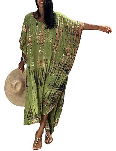 QUNERY Women Kaftan Bathing Suit Bikini Cover Up Free Size Caftans Long Tunic Beach Maxi Dresses Fruit Green one Size