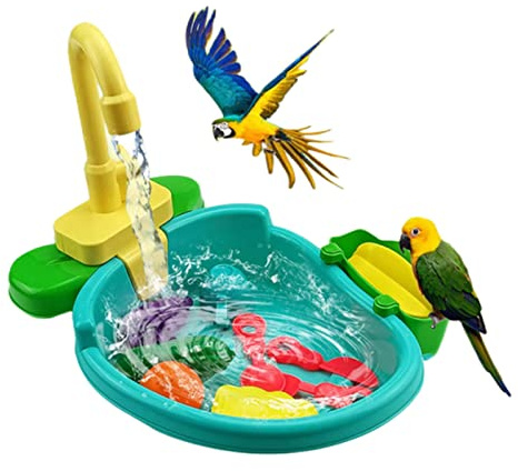 Buumin Pet Bath Tub for Bird Parrot,Parrot Automatic Bathtub with Faucet Bird Shower Bathing Tub Bird Feeder Bowl,Birdbath Bowl with Fountain Pump Bird Automatic Bathtub Swimming Pool Toy