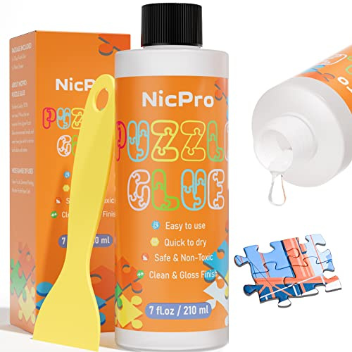 Nicpro Jigsaw Puzzle Glue, 7oz / 210ml Puzzle Glue with Two Applicators, Preserves Finished Puzzles, Quick-Drying, Non-Toxic & Clear Water-Soluble puzzle glue Kit for Adults, for 3000/4500/5000 Pieces