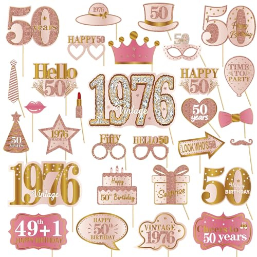 Kuxriox 30Pcs 50th Birthday Photo Booth Props for Women, Pink Rose Gold Vintage 1976 50 Birthday Selfie Props Kit with Sticks Party Supplies Favors, Happy Fifty Bday Photo Props Decor