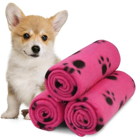 Paquete de 3 mantas rosas para mascotas, cojín de perro y gato, forro polar suave y cálido para niñas, cachorros, gatitos, manta de dormir con estampado de patas (60 x 70 cm)