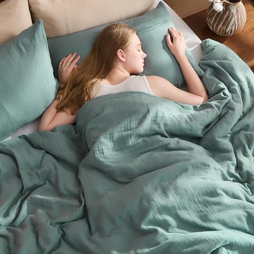 EMME Musselin Bettwäsche 135x200 cm + 80x80 cm, 100% Baumwolle, Oeko-TEX Zertifiziert, Extra Weiches 4-Jahreszeiten-Bettwäsche Set mit Reißverschluss, 1 Bettbezug + 1 Kissenbezug, Blaugrün