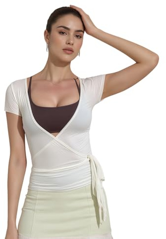 Women Ballet Pilates Wrap Top Basic Sports Athletic Yoga Running Gym Workout Cover up Shirt Blouse (A-b-White, S)