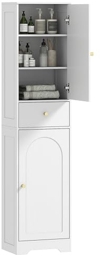 HOMCOM Tall Bathroom Cabinet, Slim Bathroom Storage Cabinet with 2 Arched Doors, Drawer and Adjustable Shelf, Modern Narrow Storage Cupboard, 40 x 29.5 x 170 cm, White