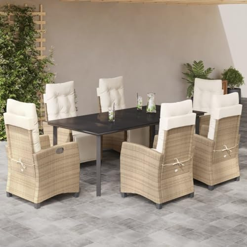 7-TLG. Gruppo da giardino Beige Poly Rattan, sedie regolabili, piano in vetro, per terrazza, giardino, esterno, balcone