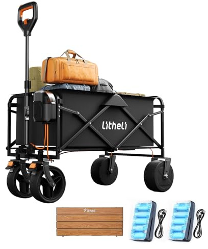 Litheli Outdoor Cart Electric Handcart Foldable Double Motor with Brakes 100L 50 kg Load Capacity Folding Handcart Suitable for Camping, Garden, Beach, Shopping (2 Batteries+Tabletop)