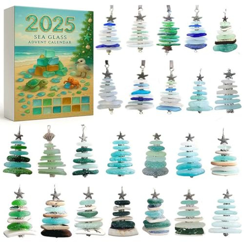 Calendrier de l'Avent 2025, compte à rebours de Noël 24 jours, 24 mini sapins en verre de mer, décorations de Noël, décoration d'intérieur faite main à collectionner