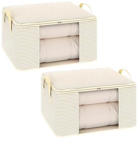 Aurifly Organizador Ropa, 2 Piezas Cajas Almacenaje Ropa Plegable Bolsas para Guardar Ropa de Tejido Resistente y Ventana Transparente para Suéteres, Abrigos, Mantas 60x40x30 cm (Rayas Beige)
