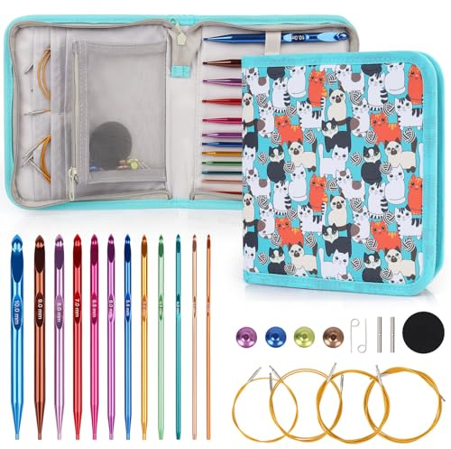 Coopay Juego de 12 agujas de ganchillo tunecinas intercambiables, 3,0 – 10,0 mm con hilo de 40/60/80/100 cm, crochet colorido para principiantes y profesionales, ganchillo afgano para alfombras