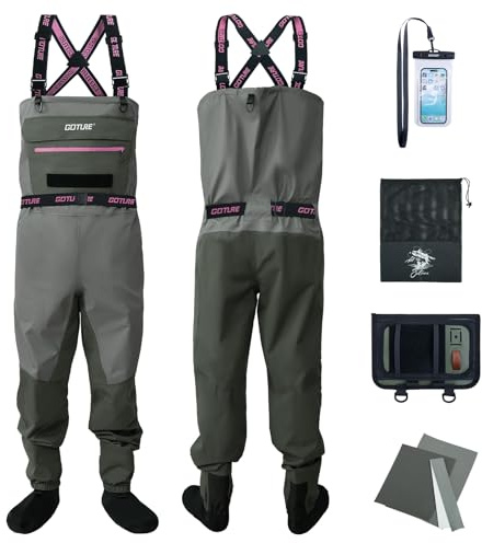Goture 5-Layer Breathable Fly Fishing Waders for Women, Waterproof Neoprene Stocking Foot Waders with Handwarmer, Adjustable Belt, Women's Fishing Chest Wader L