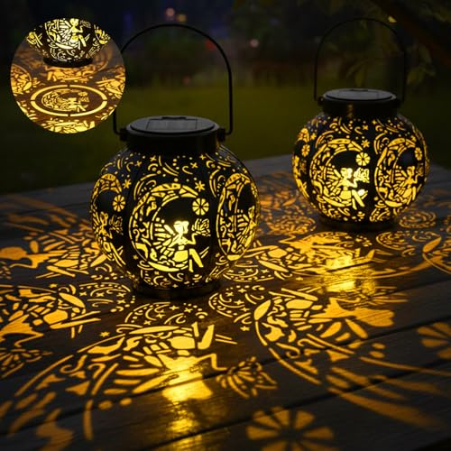 Outdoor Solar Fairy Lanterns Lights,Birthday Gifts for Women Mum 2 Pack Garden Lantern Decor with Fairy IP65 Waterproof in Hanging Garden Lanterns for Patio Balcony Courtyard