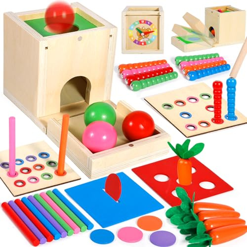 Purpledi Montessori leksak från 3 år, 6-i-1 bebismotoriska leksaker för pojkar och flickor, träleksaker sorteringsspel, pedagogiska leksaker för barn som jul, födelsedag, nytt år, gåva