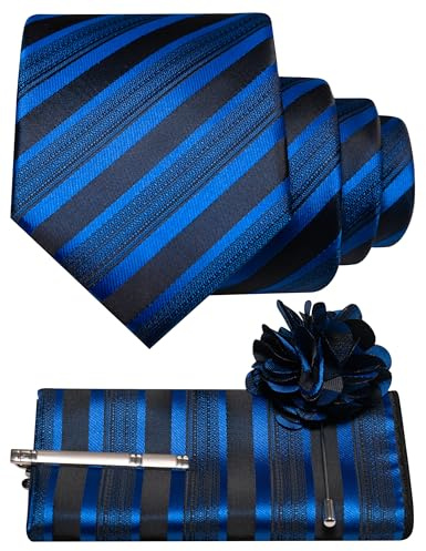 RBOCOTT Mens Royal Blue Stripe Tie Woven Necktie Pocket Square and Lapel Pin with Tie Clip Set for Business(7)