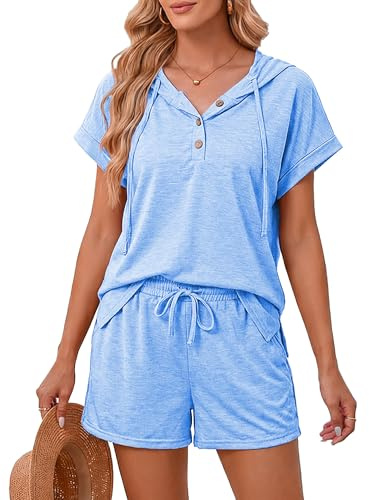 Famulily Womens Summer Tracksuit Sets Solid Color Drawstring Hoodies & Elastic Shorts Side Split Loungewear Co Ord Set Airport Outfits Blue S