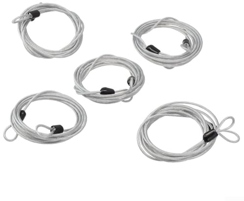 Lot de 5 câbles de sécurité en acier de 2 mètres avec double boucles pour verrouillage de vélo, grilles, échelles et tondeuses à gazon – Protection en PVC, 2,5 mm d'épaisseur, résistant aux