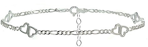 Hoops & Loops Sterling Silver Figaro Chain with Double Heart Bracelet for Anklet