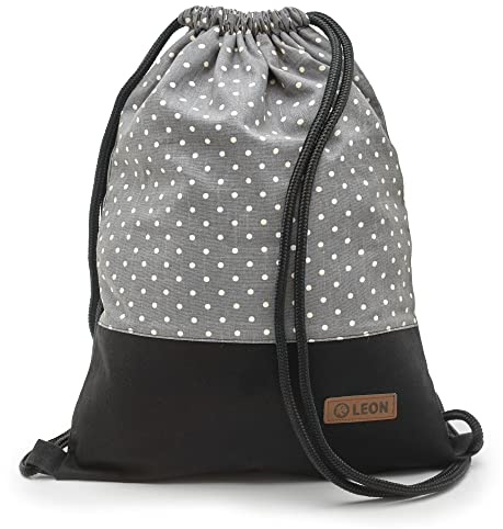 By-Bers LEON Tasche Turnbeutel Rucksack Sportbeutel Gym Bag Gymsack Hipster Fashion Schwarz Weiß, Punkt_grau_weiß, flach 34cmx45cm +-1cm
