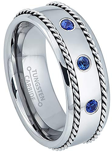 Jewelry Avalanche 0.21ctw Blue Sapphire 3-Stone Mens Tungsten Ring - 8MM Comfort Fit Polished Dome Tungsten Carbide Wedding Band with Double Stainless Steel Rope Inlay - 8.5