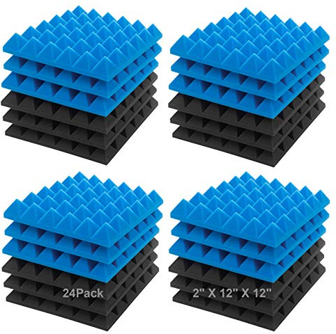 JBER Paneles de Espuma Acústica, 24 Piezas 5 x 30 x 30 cm, Tratamiento de Insonorización de Pared de Estudio, Absorción de Sonido, Baldosas de Cuña Pirámide Ignífugas (Azul y Negro)