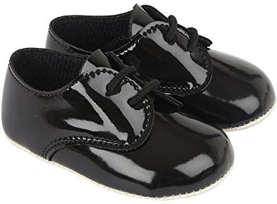 EARLY DAYS Baypods, B010 Lace up Gibson Style Pre Walker Baby Shoes Made in The Softest Faux Leather, Black Patent, Made in England