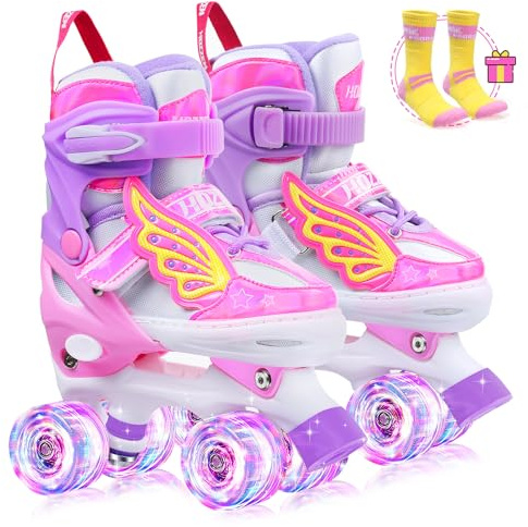 Hozzen Roller Enfant Fille Ajustable 32-35, Roller Quad avec Roues Lumineuses et Sac de Patin a Roulette Fille, Roller Skates for Kids Ages 6-12, Cadeaux Licorne pour Filles