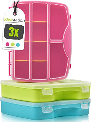 idea-station Sortierkasten 3 Stück / 19 x 15 cm - bunt - Organizer Box mit transparentem Deckel - Sortierboxen für Kleinteile, Bastel-Material, Bügelperlen, Schrauben, Spielzeug