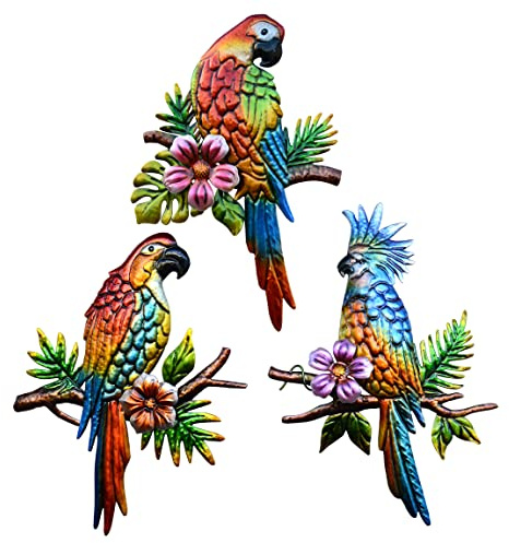 J-Fly Lot de 3 décorations murales tropicales en forme de perroquet – 3 sculptures à suspendre, métal, 30,5 x 21,6 cm, support mural d'intérieur, cuisine, salon, sans cadre, brillant, style tropical