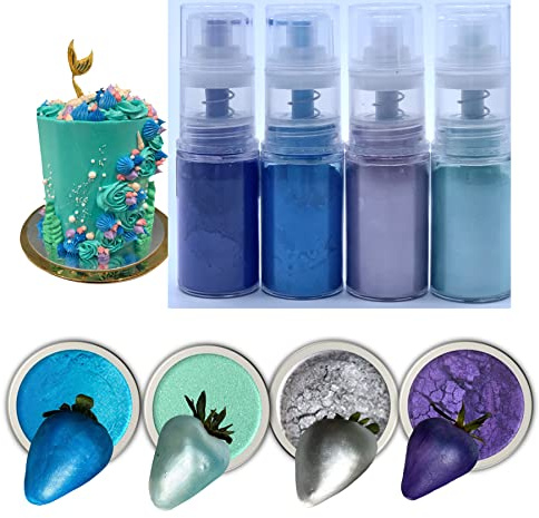 Edible Glitter Spray Luster DUST Set, Powder Spray Powder Pump, Metallic Dust Spray Pump Dispenser 5 gram Each for Cake Decoration, Food Grade Paint (Mermaid)