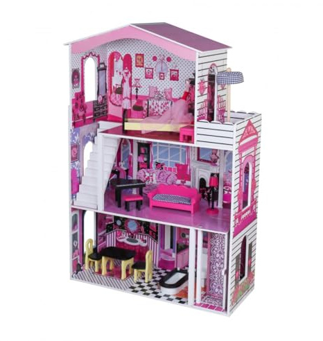 ATAA Casa de Muñecas Rosa de Madera Florida con 3 Niveles Ascensor y Accesorios para Muñecas de 30 cm Juguete Infantil para Niñas Toys