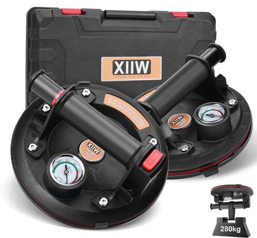 2 Stück 8'' Saugheber Glasheber mit Manometer Max. 280kg, Vakuum Saugnapf Fliesenheber mit Tragbarer Werkzeugkasten, Glassauger Saughalter Plattenheber für Laminat,Fliesen, Glas,Metalle,Marmor