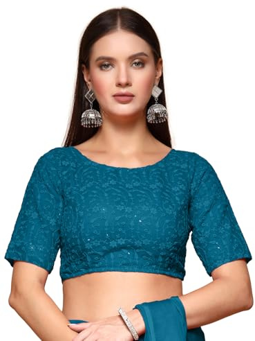 OOMPH! Zari Work Readymade Brocade traditionell etnisk blus med bladmönster och rund hals för att kombinera med sari, legengas eller plazzo för fusion, skogsgrön, 38