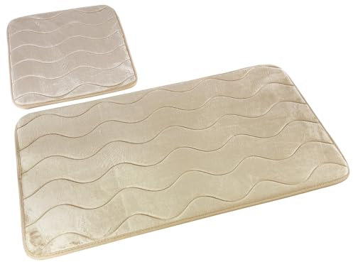 Badematten Badset Badgarnitur Rutschfester Badteppich Maschinenwaschbar (Sumba Beige 23, 2 TLG Set) 2 Stück: Teppich 45x75+ Unterlage 45x35