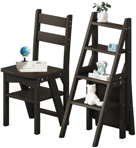 Silla Escalera Plegable 3 en 1 de Madera Sólida, Taburete Escalonado Convertible y Estante de Exhibición, Escalera Multifuncional de 4 Niveles, para el Hogar, Cocina, Biblioteca (Negro)