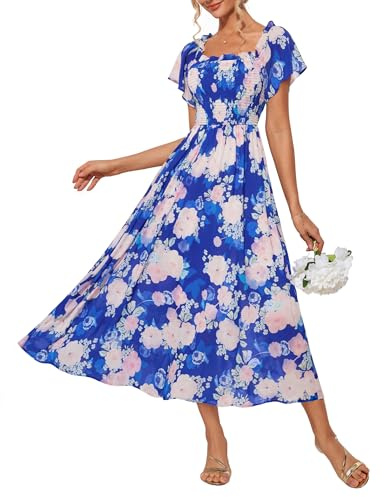 GRACE KARIN Kvinnor sommar off-shoulder-blommig maxiklänning ledig kortärmad A-linje smockad klänning för kvinnor UK, Blå-rosa blomma, XL