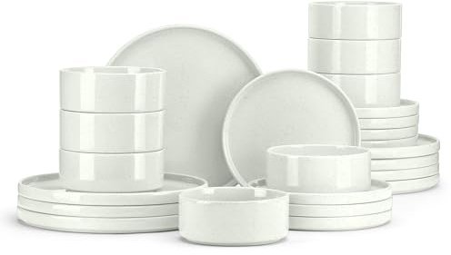 E-far Dinnerware Sets for 8, 24-Piece Stoneware Plates and Bowls Set, Modern Kitchen Dinning Dishware, Chip and Scratch Resistant, Microwave & Dishwasher Safe, Speckled White