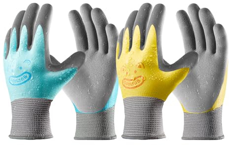 COOLJOB Guanti da giardinaggio impermeabili per bambini, guanti di sicurezza per ragazze e ragazzi, in lattice naturale, per asilo, bambini, bricolage, outdoor (2 paia L)