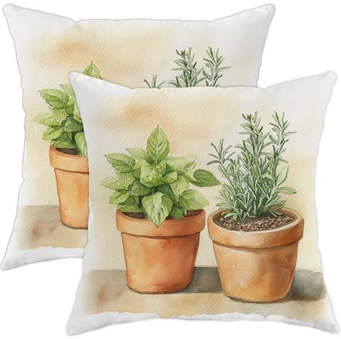 Juego de 2 fundas de almohada con plantas de hierbas, albahaca verde y romero, fundas de cojín decorativas de primavera para el hogar, sofá, cama, decoración de granja inspirada en la naturaleza, 20 x
