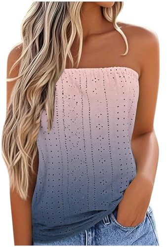 Keepink Summer Tops for Women UK Sale Strapless Vest Top Sleeveless Tube Bandeau Tops Casual Loose Fit Blouse Tunic T-Shirts Trendy Eyelet Tees Tank Shirt Holiday Beach Outfits