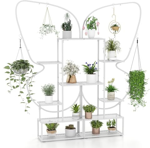 COSTWAY 6-stegs metallväxtstativ, fjärilsformad, blomhylla med 4 krokar, växthylla, steghylla, växtstege blomställ, för trädgård balkong vardagsrum, 185 cm (vit)