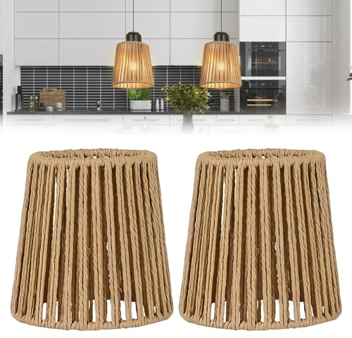 2 pezzi paralumi in rattan, stile boho, diametro 14,5 cm, altezza 14 cm, per lampada a sospensione, lampada da tavolo, lampada da terra, lampada da soffitto, lampada a specchio, paralume di ricambio