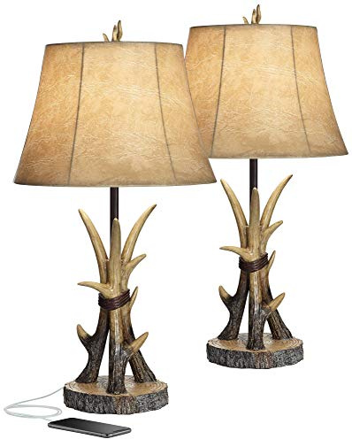 John Timberland Boone Rustic Western Cottage Core Table Lamps 27.5 Tall Set of 2 with USB Charging Port Natural Antler Bell Shade Decor for Living Room Bedroom House Bedside Nightstand Home Office