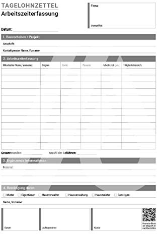 ALLEGRA Arbeitszeiterfassung Stundenzettel A4 Block 25 Stk. Stundennachweis für Mitarbeiter Handwerker Kleinbetriebe mit Durchschlag Selbstdurchschreibend