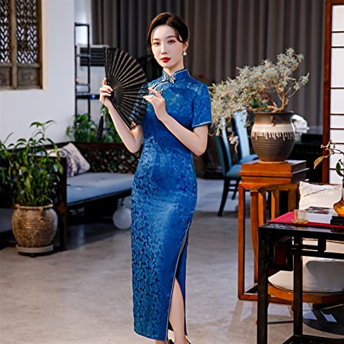 SMDSAZ Abiti da jacquard della signora graziosa in seta satinata slim cinese cheongsam vintage prestazioni vintage bottone handmade high fork lungo qipao (Color : Blue, Size : S)
