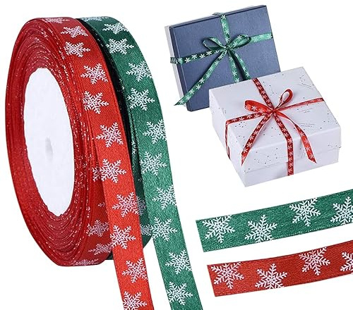 Ruban de Cadeau de Noël, 50 Mètres Rubans de Tissu Ruban de Satin de Noël pour Emballage Cadeau Arc, 10 mm Large Ruban Décoratif pour Mariage Décoration d'artisanat Décoration (Vert, Rouge)