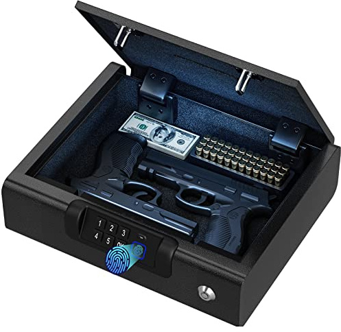 BILLCONCH Gun Safe,Biometric Gun Safe for Pistols 3-Ways unlock Fingerprint Digital PIN Key Unlock with Sound, Lock box for Cloakroom living room Bedroom Nightstand and Car