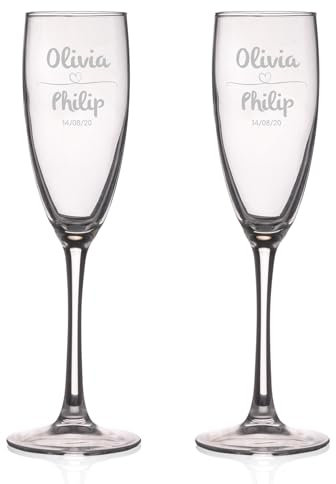 Wanapix | Pack de 2 Copas de Cava Personalizada | Con Nombre o Texto | Copa de Champagne Cristal Grabada a Láser | Boda/Aniversario/San Valentín | 20cl. | Nombres y Fecha| Heart
