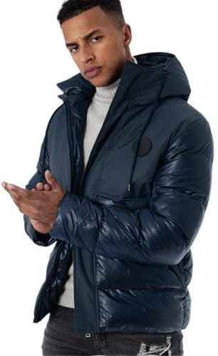 Soul Star - Chaqueta acolchada con capucha para hombre, diseño urbano, brillante, cuello envolvente, acolchada, color negro, azul marino, azul marino, M