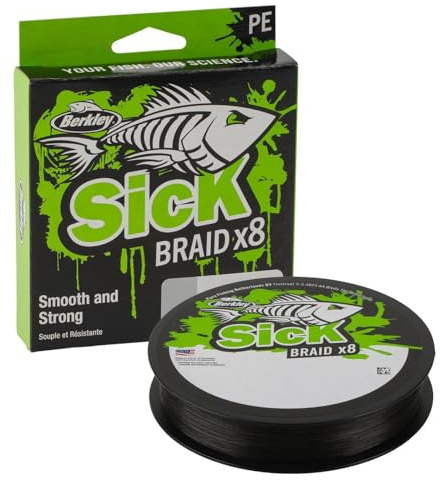 Berkley Sick Braid Fil de pêche tressé, 8 brins, 150 m, pour la pêche en eau douce ou en eau salée, blanc ou noir, 0,23 mm, 23,6 kg